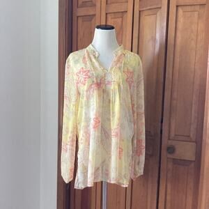 Susan Graver Yellow Paisley Chiffon Sheer Blouse, Size M